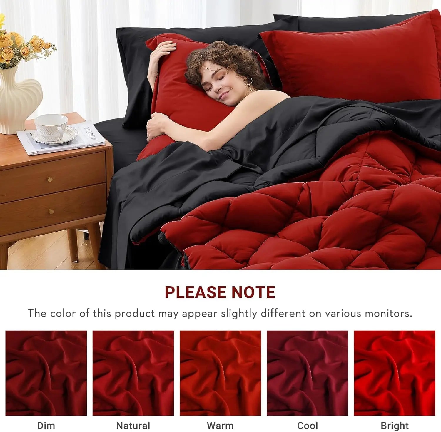 Queen Size Reversible Comforter Set, 7-Piece All Season Bedding with Sheets &amp; Pillowcases in Red &amp; Black