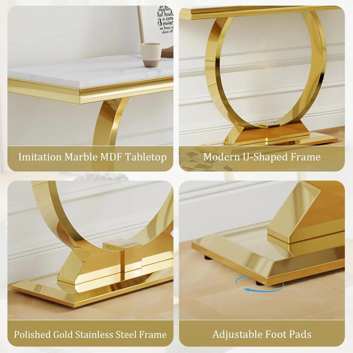 Gold Console Table, 50 Inch Glam White and Gold Entryway Table with U-Shaped Base, Polished Gold Entrance Table, Customized
