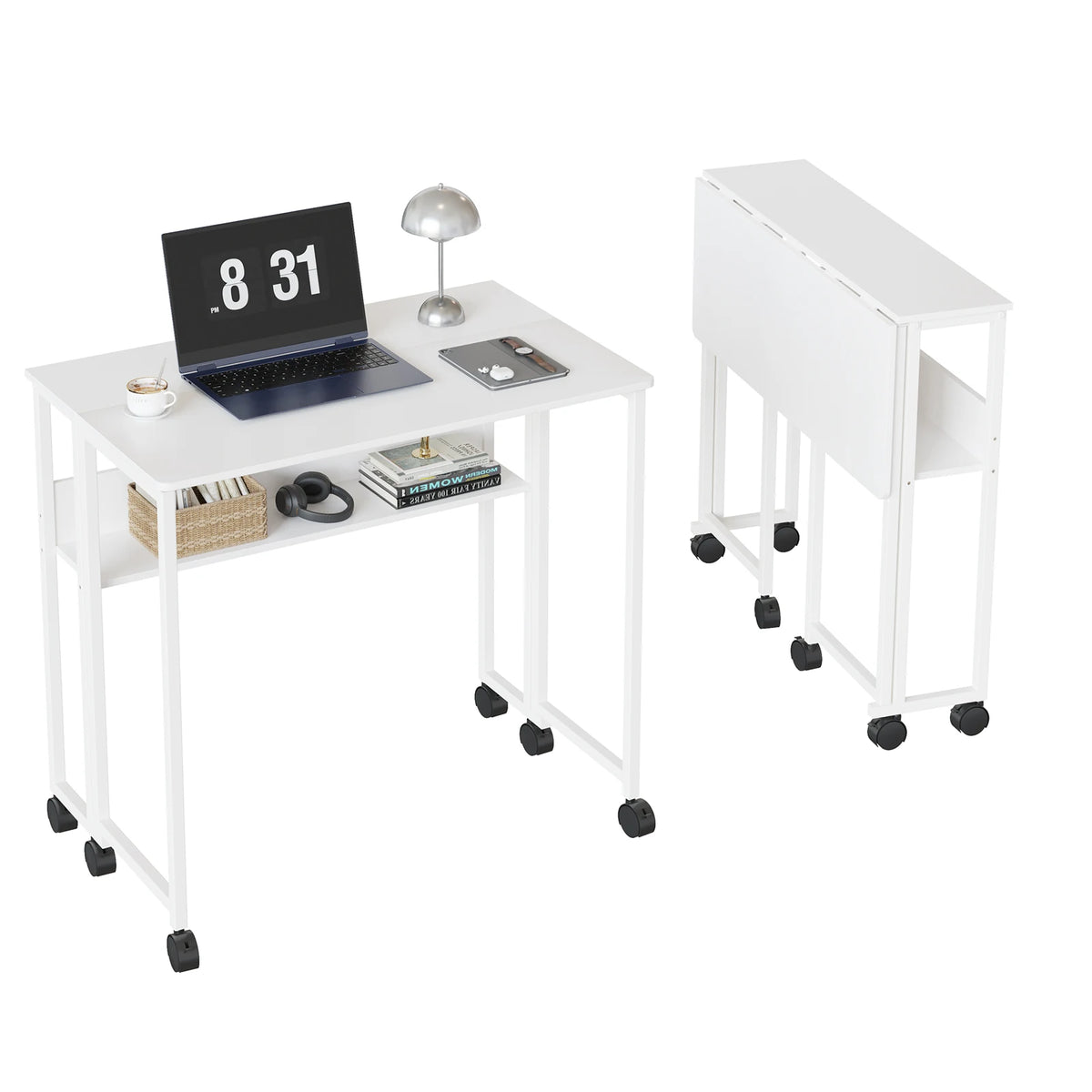 HOSSLLY Folding Computer Desk With Wheels And Storage Shelf