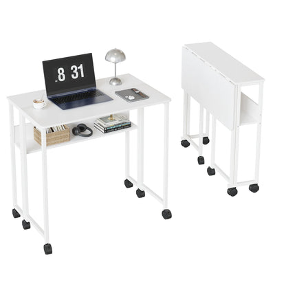 HOSSLLY Folding Computer Desk With Wheels And Storage Shelf