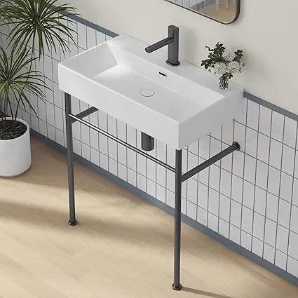 30"x16" Console Bathroom Sink, Free Standing 30 Inch Bracket Stainless Steel Support Pedestal Legs, Wall Mount Vessel Ceramic V