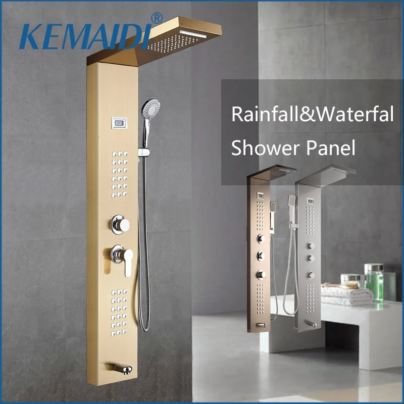 KEMAIDI Multifunctional Shower Panel Tower with Rainfall Waterfall Bathroom Shower Column Bath Shower Systerm W/ Massage Jets