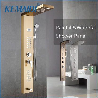 KEMAIDI Multifunctional Shower Panel Tower with Rainfall Waterfall Bathroom Shower Column Bath Shower Systerm W/ Massage Jets