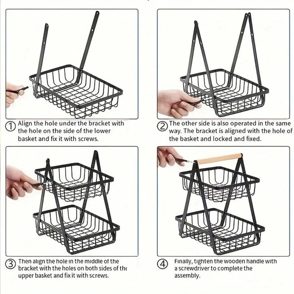 3-Tier Foldable Metal Fruit &amp; Vegetable Storage Rack with Wooden Handle - Kitchen Countertop Organizer Basket for Bread, Produce, Pantry Organization