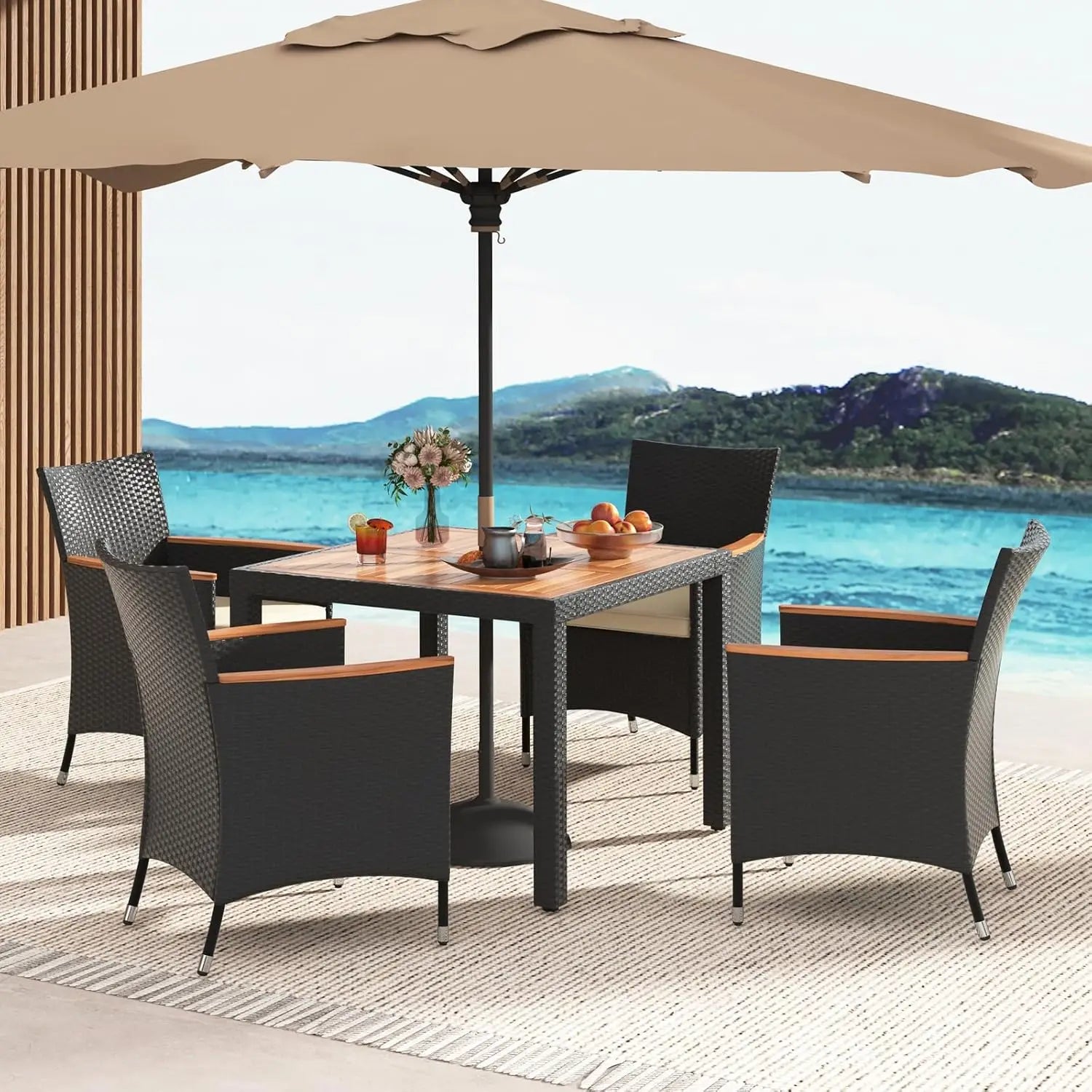 5 Pieces Rattan Outdoor Dining Set for 4,Outdoor Acacia Wood Table Set with 4Cushioned Wicker Chairs,Patio Dining Furniture Sets