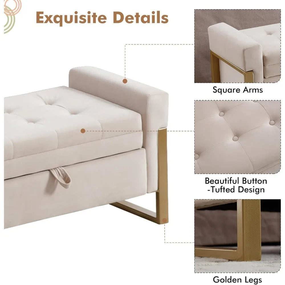 67" Storage Bench for Bedroom End of Bed, Velvet King Size Bed Bench with Double Lids and Gold Legs, Storage Ottoman Bench with