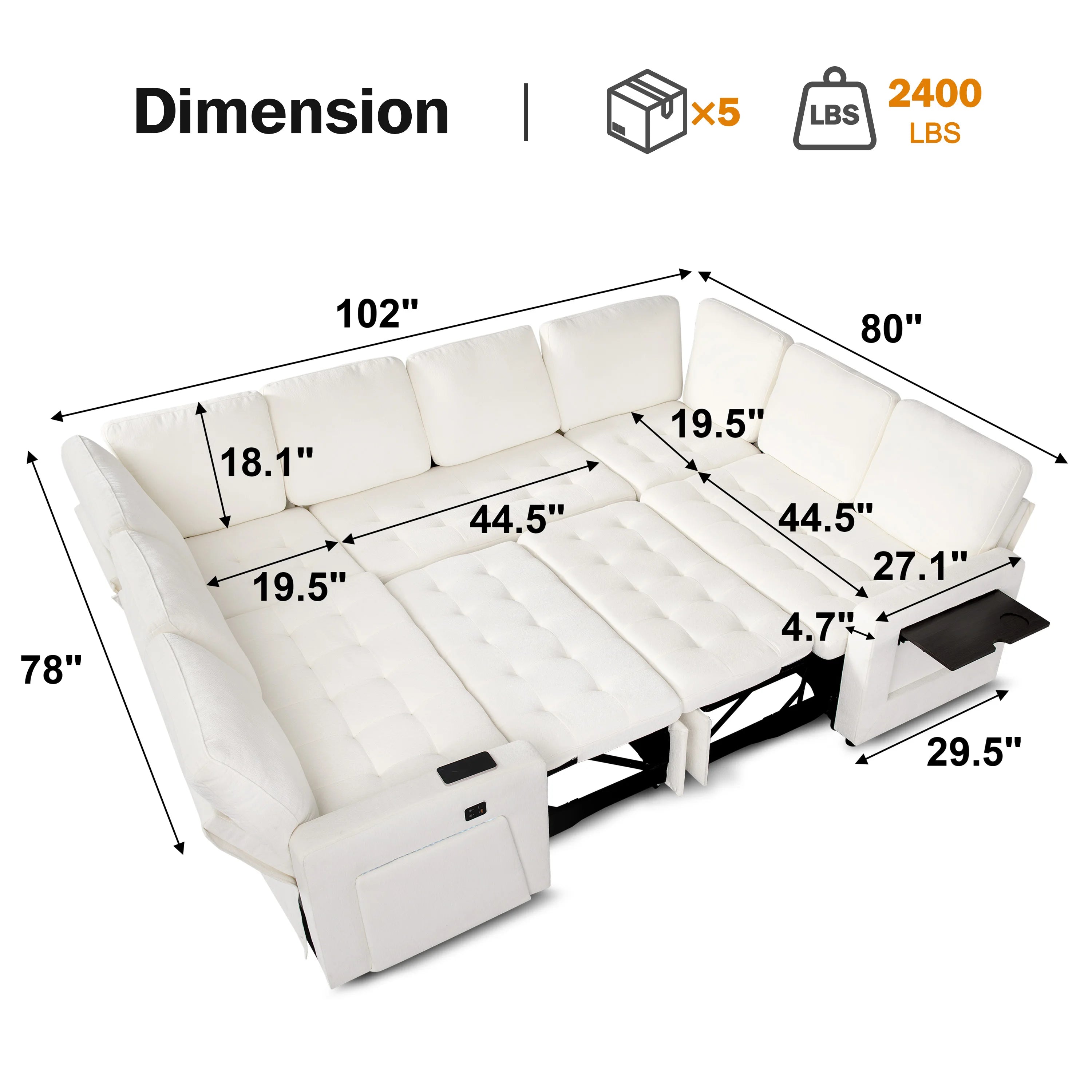 U-Shaped Modular Sectional Sofa With Pull Out Bed and USB