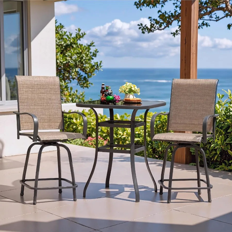 3‑Pieces Outdoor Patio Swivel Bar Set, Weather‑Resistant Counter Height Furniture Set for Backyard Garden Poolside Deck
