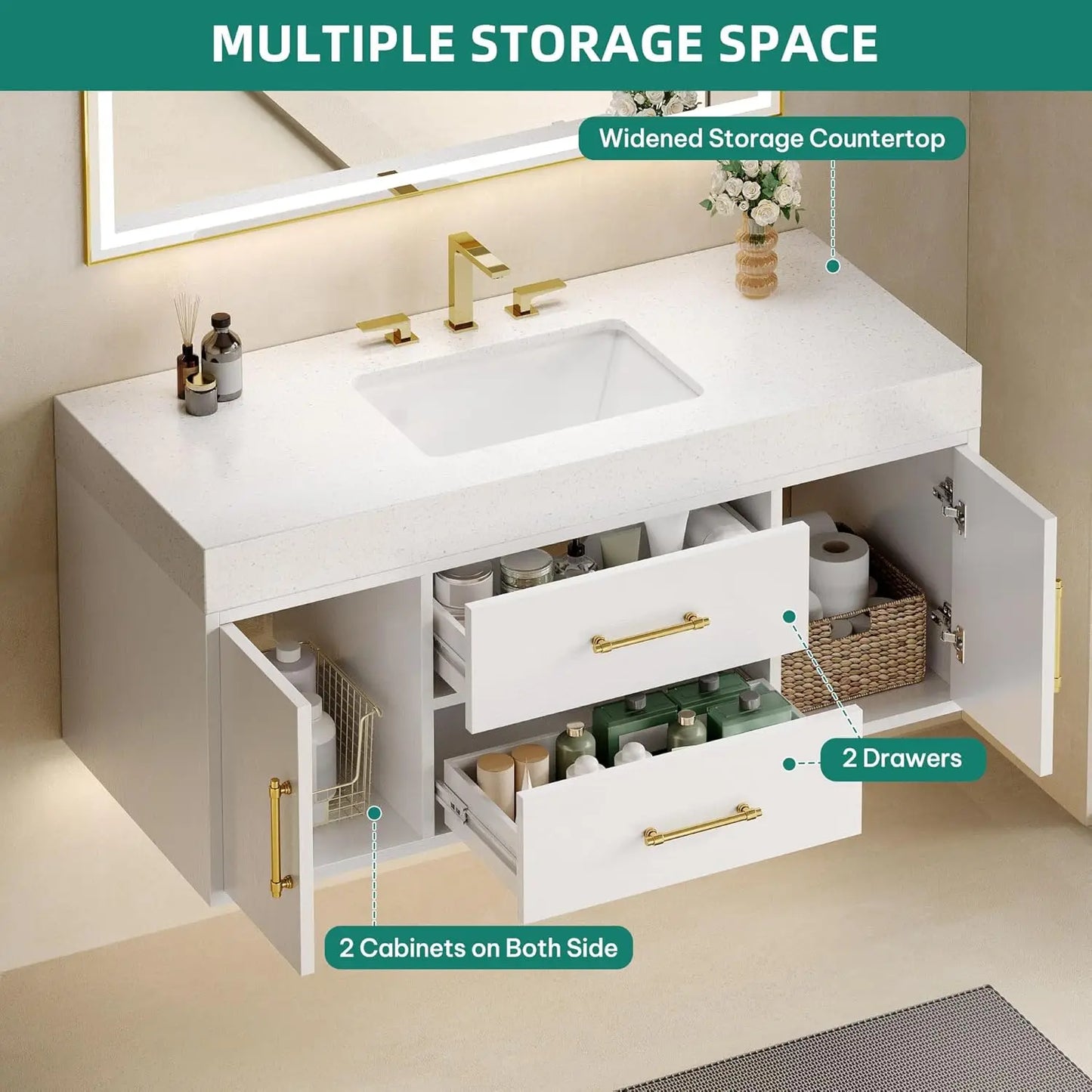 White Floating Bathroom Vanity 48 Inch Wall Mounted Bathroom Vanity with White Sintered Stone Countertop