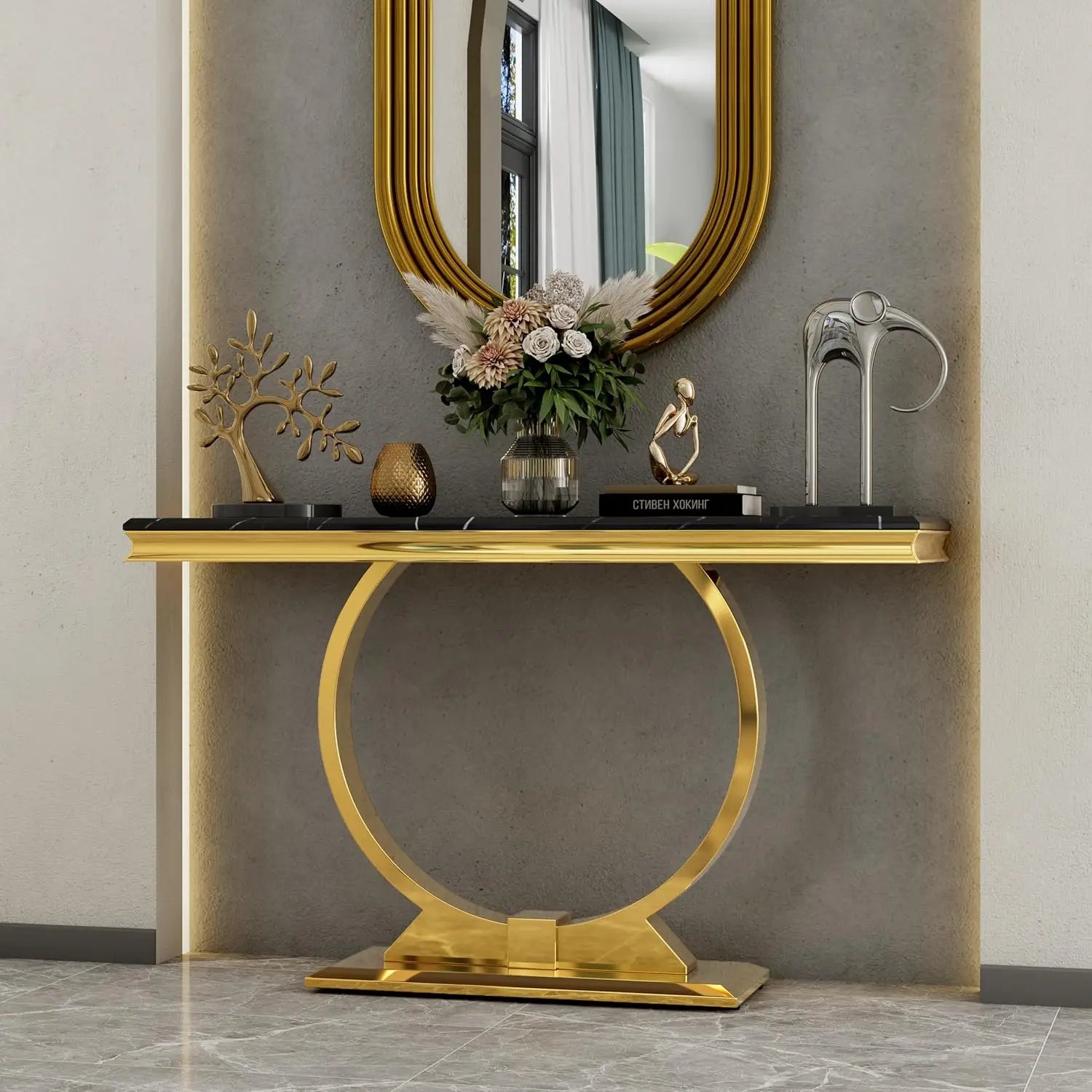 Gold Console Table, 50 Inch Glam White and Gold Entryway Table with U-Shaped Base, Polished Gold Entrance Table, Customized