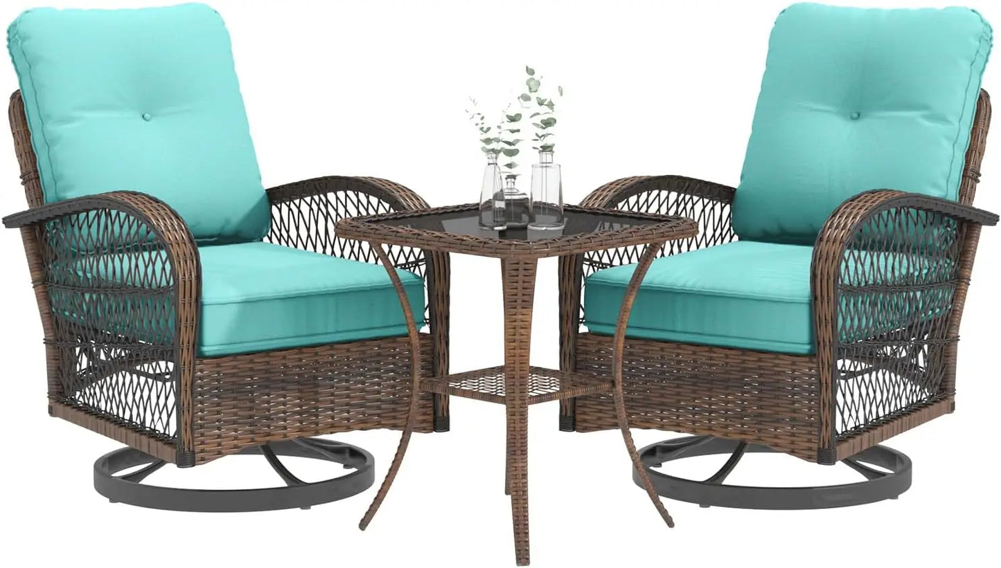 3 Pieces Patio Furniture Set, Outdoor Swivel Rocker Patio Chairs, Wicker Patio Bistro Set with Rocking Chair, Thickened Cushions