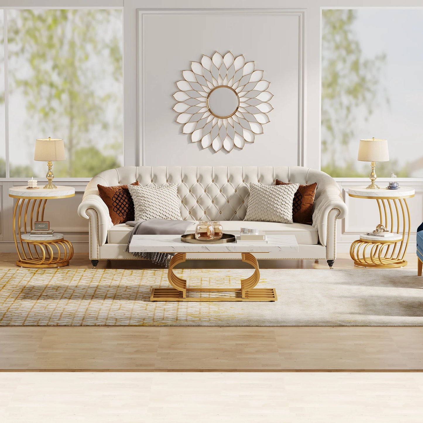 Tribesigns Round End Table With 2 Tiers Faux Marble Storage Shelf