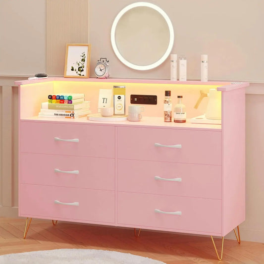 Pink Dresser with LED Light for Bedroom 6 Drawer Dressers with Charging Station Chests of Drawers Sturdy Steel Frame Wooden Top