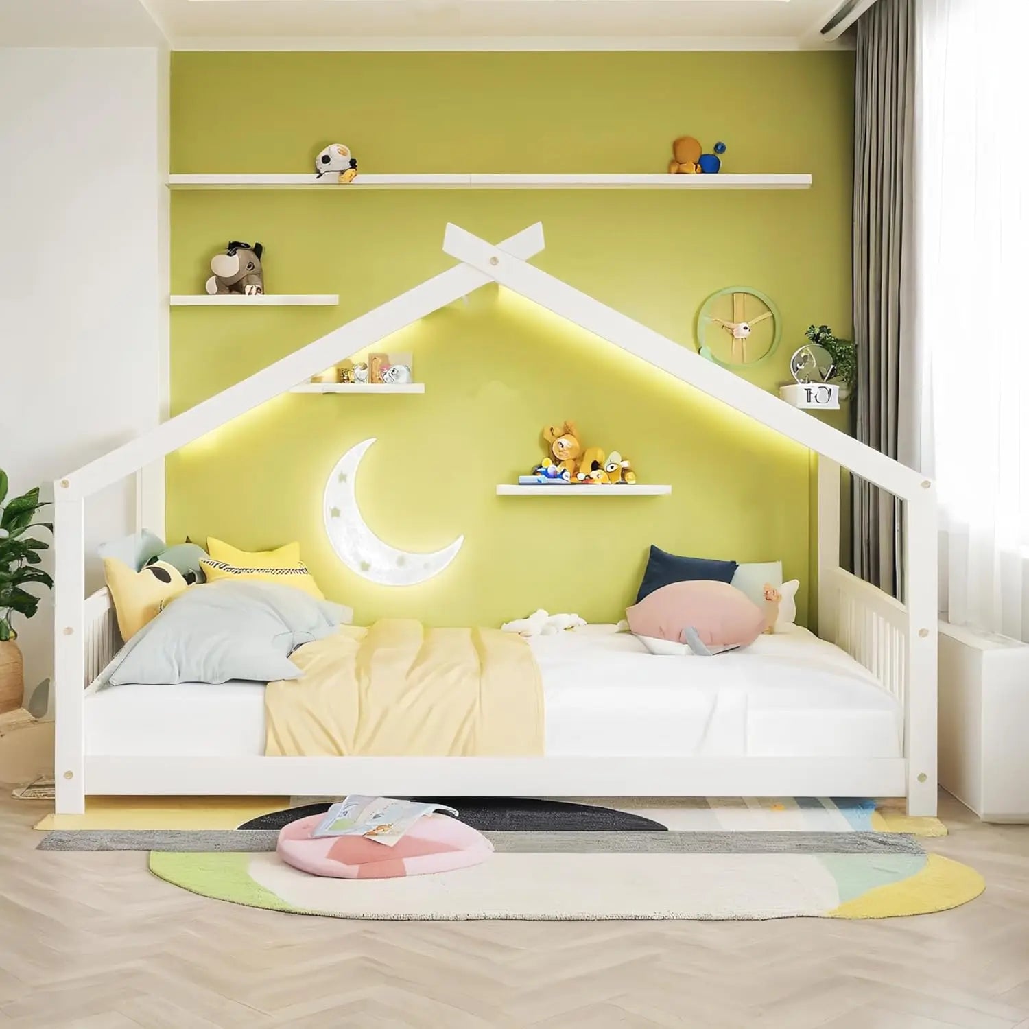 Full House Beds White Montessori Bed Wood Frame Kids Floor Bed with Headboard &amp; Footboard