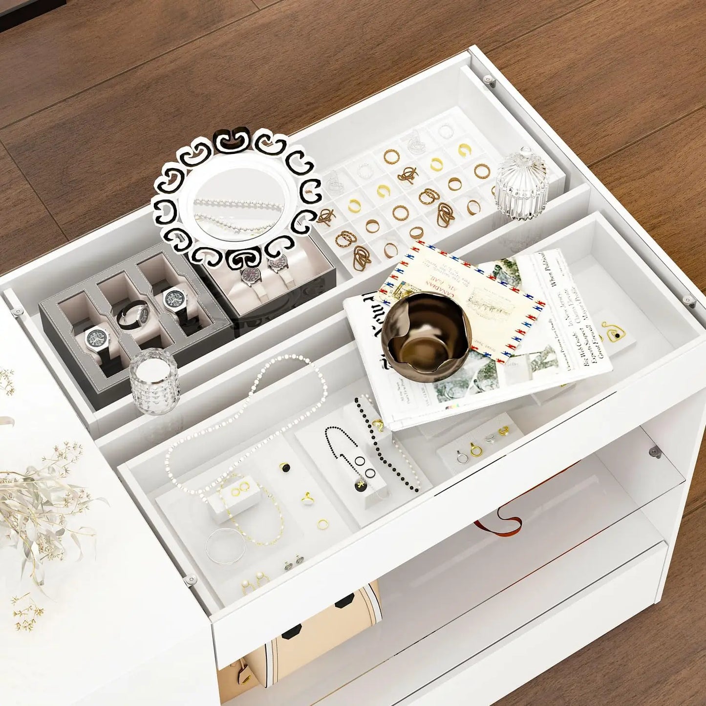 "White Wooden Wardrobe Armoire w/Glass Top, 6 Drawers & Open Shelves - Bedroom/Shop Storage"