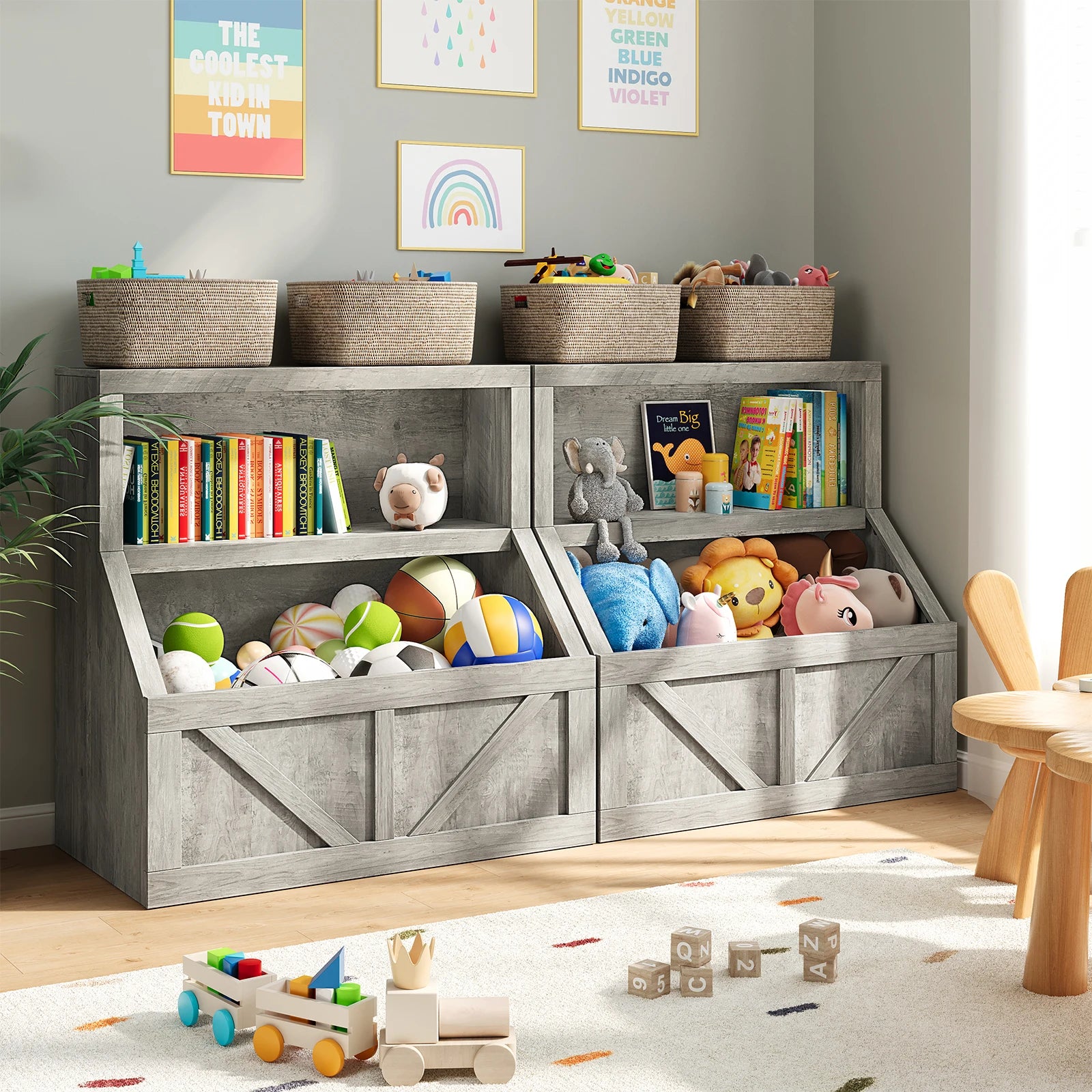 Kids Bookshelf Wooden Toy Storage Organizer with Cubby Toddler Bookcases for Playroom Children&