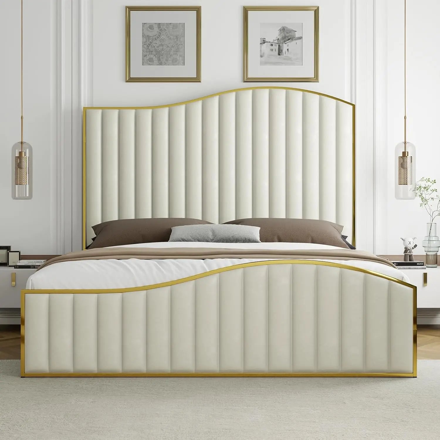 Queen Upholstered Platform Bed Tall 61.4" Headboard Gold Trim Wood Slats No Box Spring Cream, Customized
