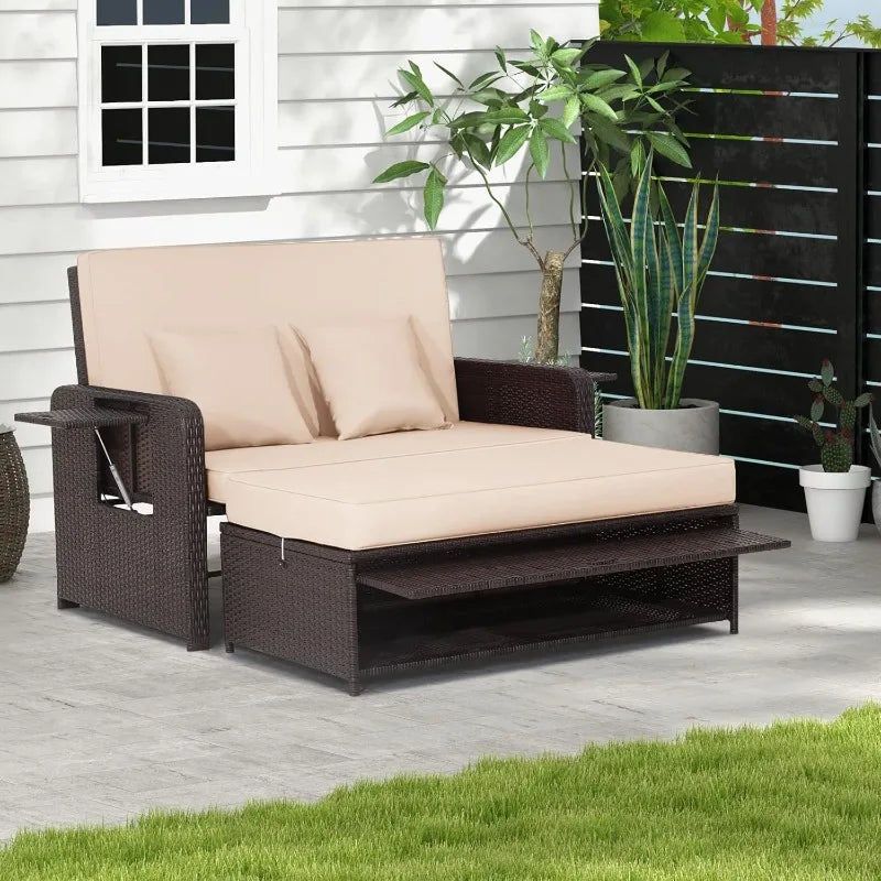 Patio Rattan Daybed, Patiojoy Wicker Loveseat Sofa w/Multipurpose Ottoman & Retractable Side Tray, 4-Level Adjustable B
