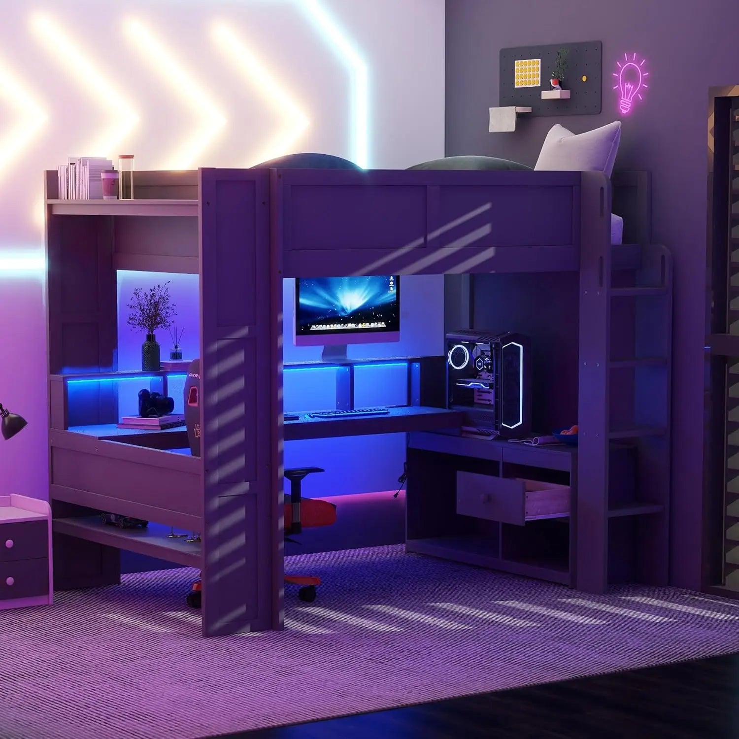 Full Wood Gaming Loft Bed Desk Storage Shelves LED Charging Station Kids Bedroom No Box Spring, Customized