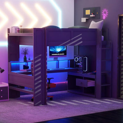Full Wood Gaming Loft Bed Desk Storage Shelves LED Charging Station Kids Bedroom No Box Spring, Customized