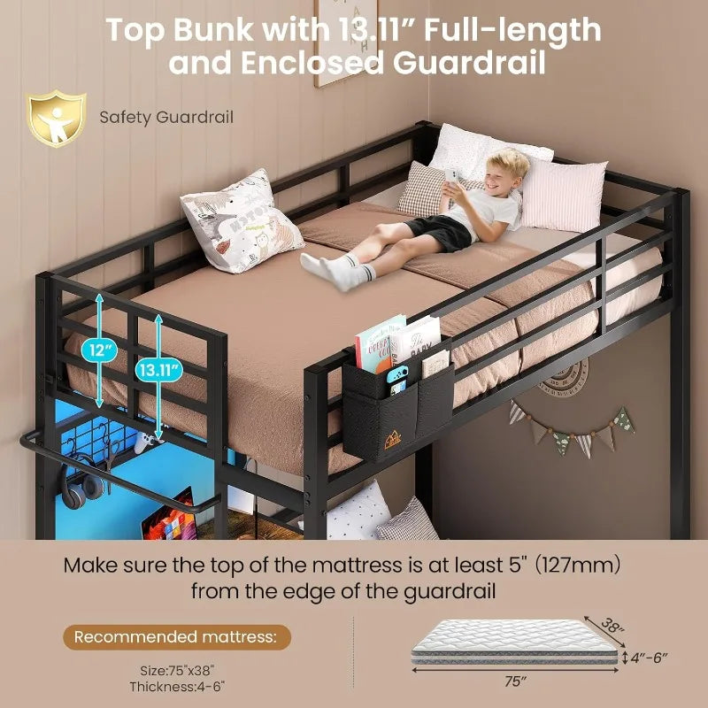 Bunk Bed with Desk,Led Lights and Charging Station Metal L-Shaped Twin Over Twin Bunk Beds with Storage Drawers and Shelv