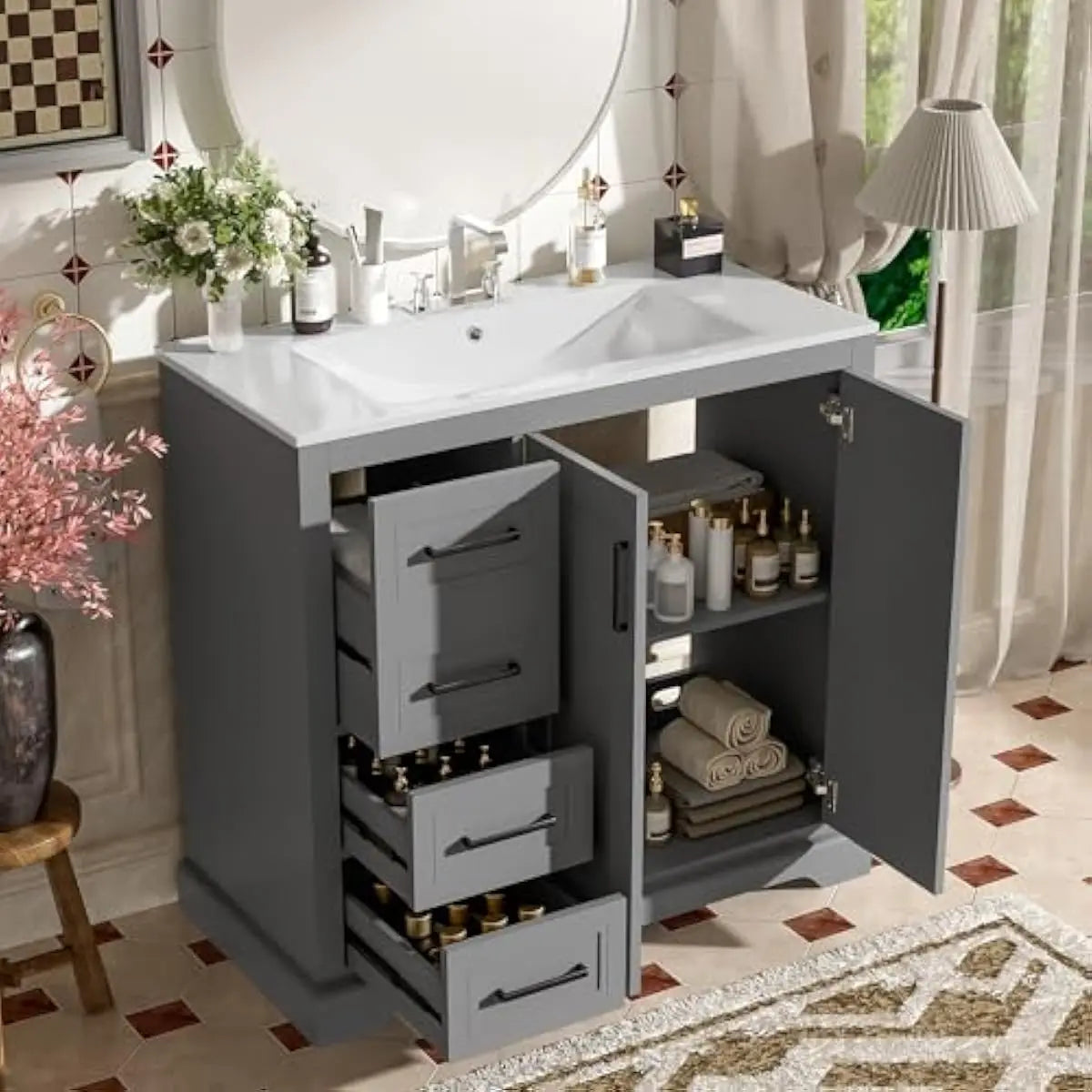 36 Inch Rectangular Bathroom Vanity with Integrated Ceramic Sink Overflow Protection Soft Close Cabinet Doors Three Tier Storage