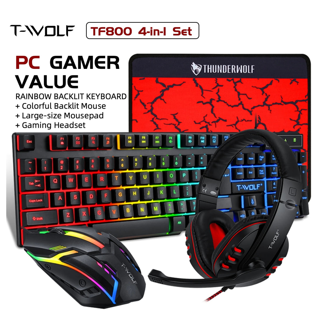 T-WOLF RGB Gaming Keyboard Mouse Headset Mousepad Combo LED Backlit