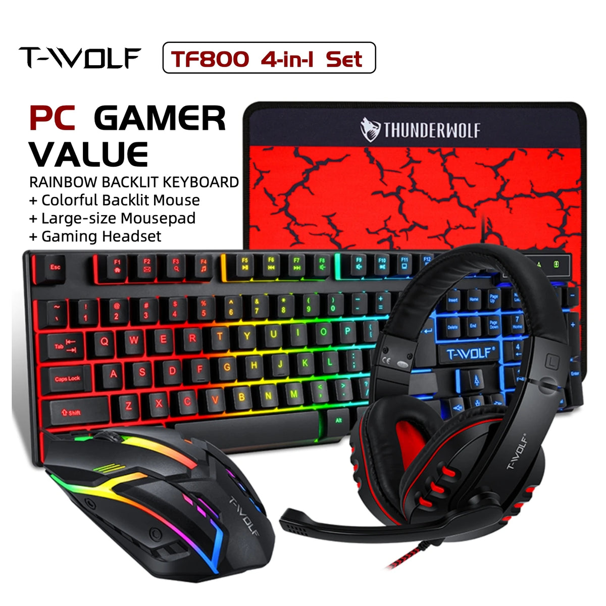 T-WOLF RGB Gaming Keyboard Mouse Headset Mousepad Combo LED Backlit