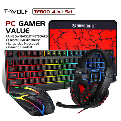 T-WOLF RGB Gaming Keyboard Mouse Headset Mousepad Combo LED Backlit