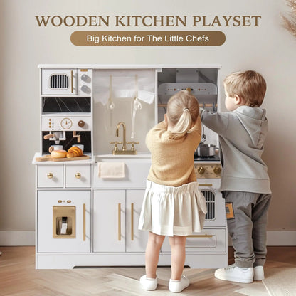 Robud Modern Wooden Play Kitchen Durable Construction with Realistic Accessories Unique Role Play Birthday Gift for Toddlers 3+