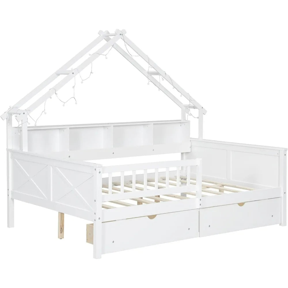 Full-Size House Platform Bed with LED Lights, Storage Shelves, Drawers, and Guardrail - Sturdy Pine Wood and MDF Frame