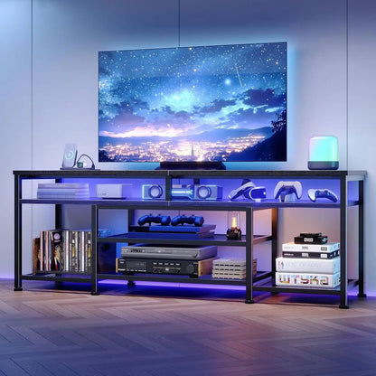 TV Stand with Power Outlets and LED Lights, 63 Inch Entertainment Center or 60 65 70 Inch TVs, Media ole Table with Open Shelves