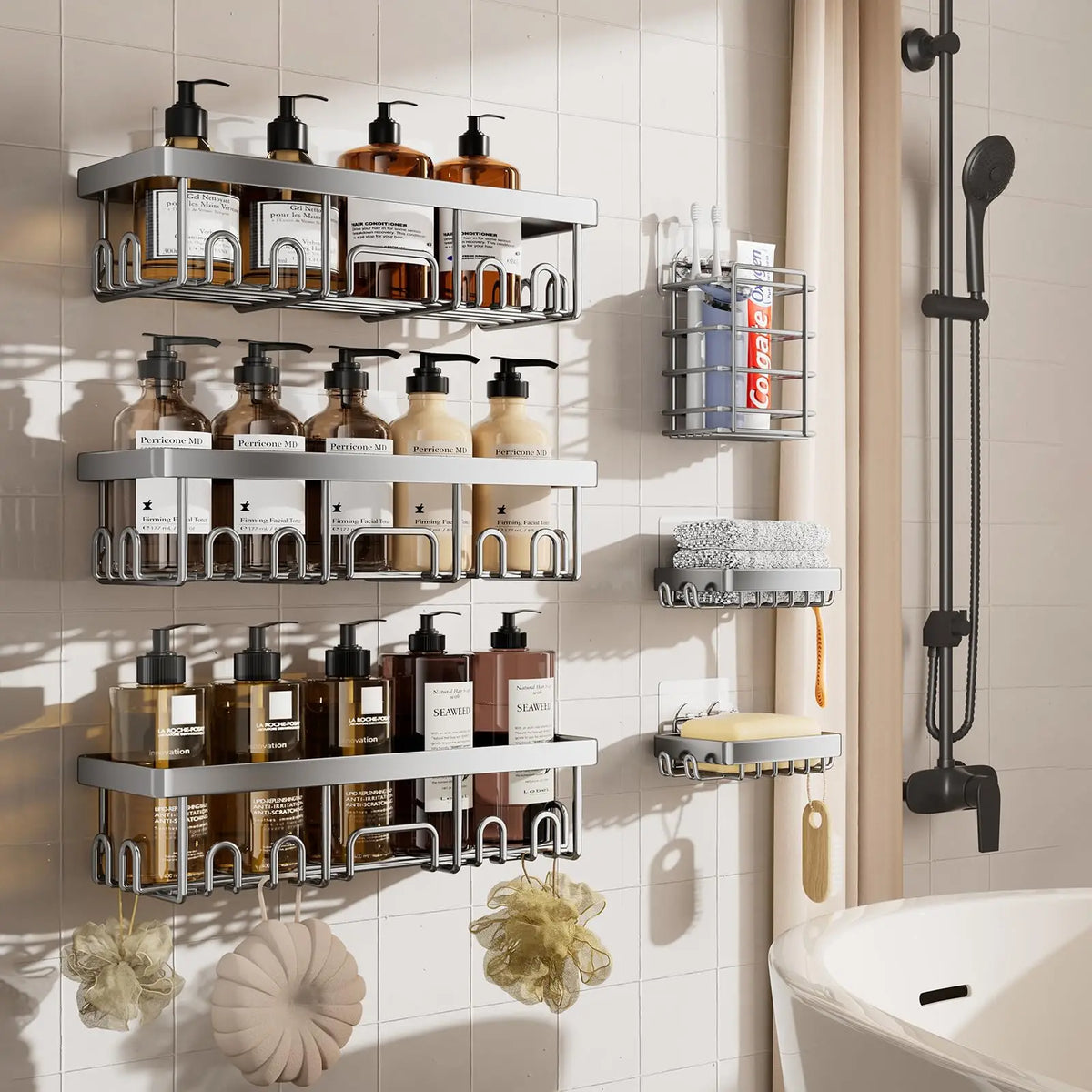 6 Pack Shower Caddy Organizer Rack Shelf for Inside Shower, Adhesive Bathroom Wall Storage Basket Rustproof Stainless Steel Shampoo Holder, Bathroom Accessory Decor Set
