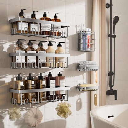 6 Pack Shower Caddy Organizer Rack Shelf for Inside Shower, Adhesive Bathroom Wall Storage Basket Rustproof Stainless Steel Shampoo Holder, Bathroom Accessory Decor Set