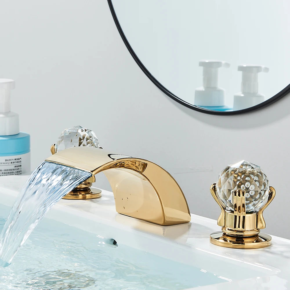 Quyanre LED Widespread Bathroom Faucet Waterfall Lavatory Mixer