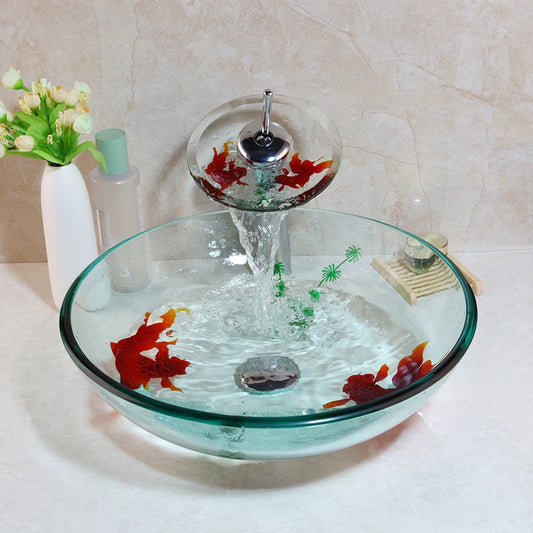 MEKKHALA Tempered Glass Vessel Sink Goldfish Pattern And Faucet Set