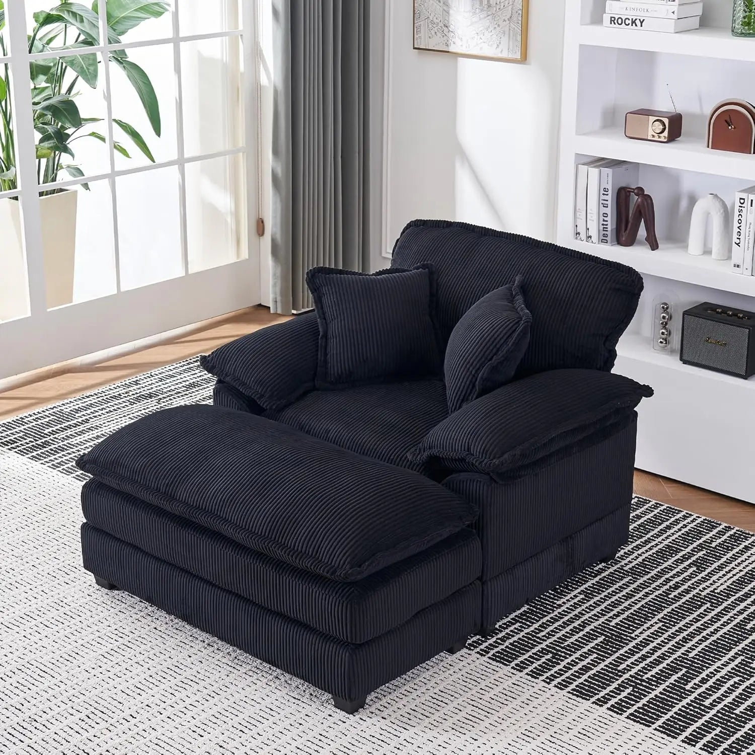 Oversized Chaise Lounge Chair with Ottoman，56.3" Indoor Velvet Deep Seat Reading Chairs,Comfort Accent Leisure Chair Set for Liv