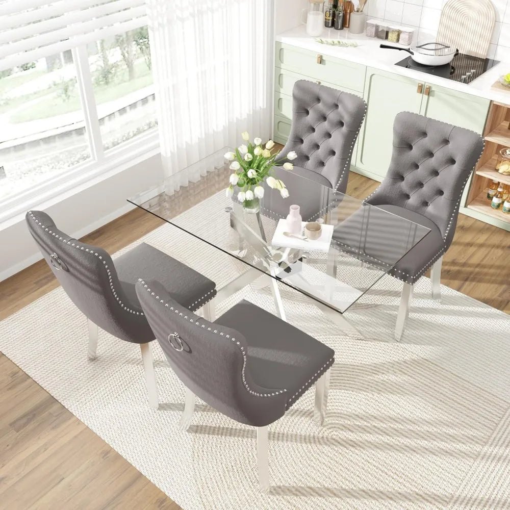 51 Inch Glass Dining Table Set for 4, Rectangular Glass Kitchen Table with 4 Upholstered Velvet Accent Chairs, 5 Piece Modern Di