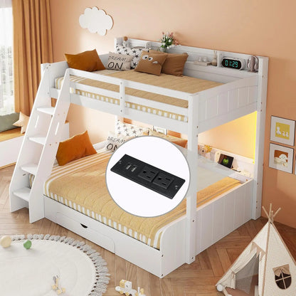 Twin Over Full Bunk Bed with Storage Shelves LED Charging Station &amp; Drawer Solid Wood for Kids Teens Adults White, Customized