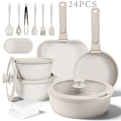 24pcs/7pcs/5pcs Cookware Set Non-Stick Pots &amp; Pans Induction-Ready Kitchen Cookware Set Includes Skillet/Frying Pan/Soup Pot/Ste