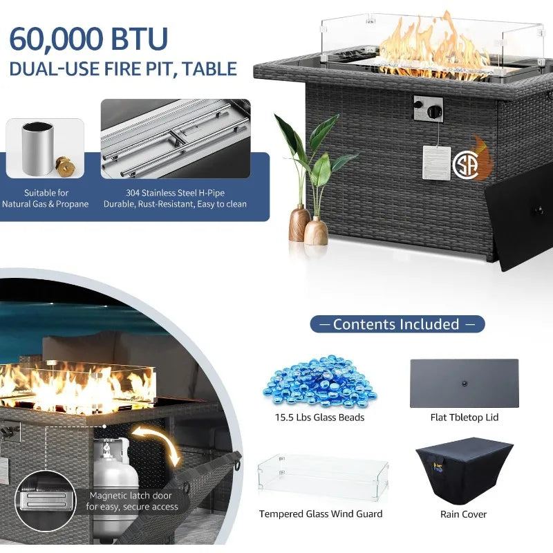 Extra Large Rattan Patio Furniture Set with Gas/Propane Fire Pit Table, 29.3'' High Back Comfy Outdoor Sofa Conversatio