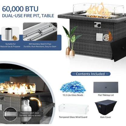 Extra Large Rattan Patio Furniture Set with Gas/Propane Fire Pit Table, 29.3&