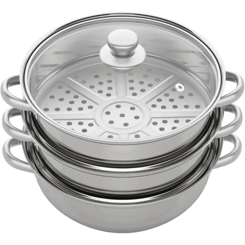 11Inch Steamer for Cooking, Stainless Steel Food Steamer Basket 3 Tier Vegetable Steamer Pot with Lid and Handle, polished