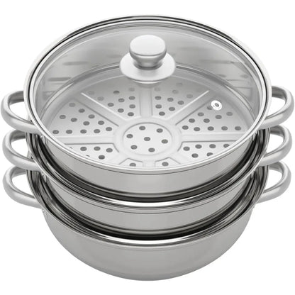 11Inch Steamer for Cooking, Stainless Steel Food Steamer Basket 3 Tier Vegetable Steamer Pot with Lid and Handle, polished