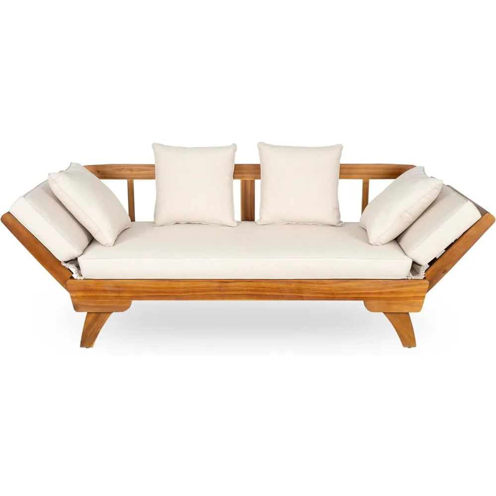 Outdoor Patio Daybed Sofa,3-Seat Sofa with Foldable Arm 4 Back Pillows,Teak Acacia Wood Frame Beige Removable Cushion,Teak+ Bei