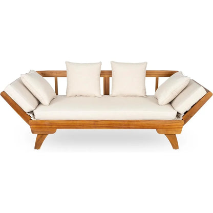 Outdoor Patio Daybed Sofa,3-Seat Sofa with Foldable Arm 4 Back Pillows,Teak Acacia Wood Frame Beige Removable Cushion,Teak+ Bei