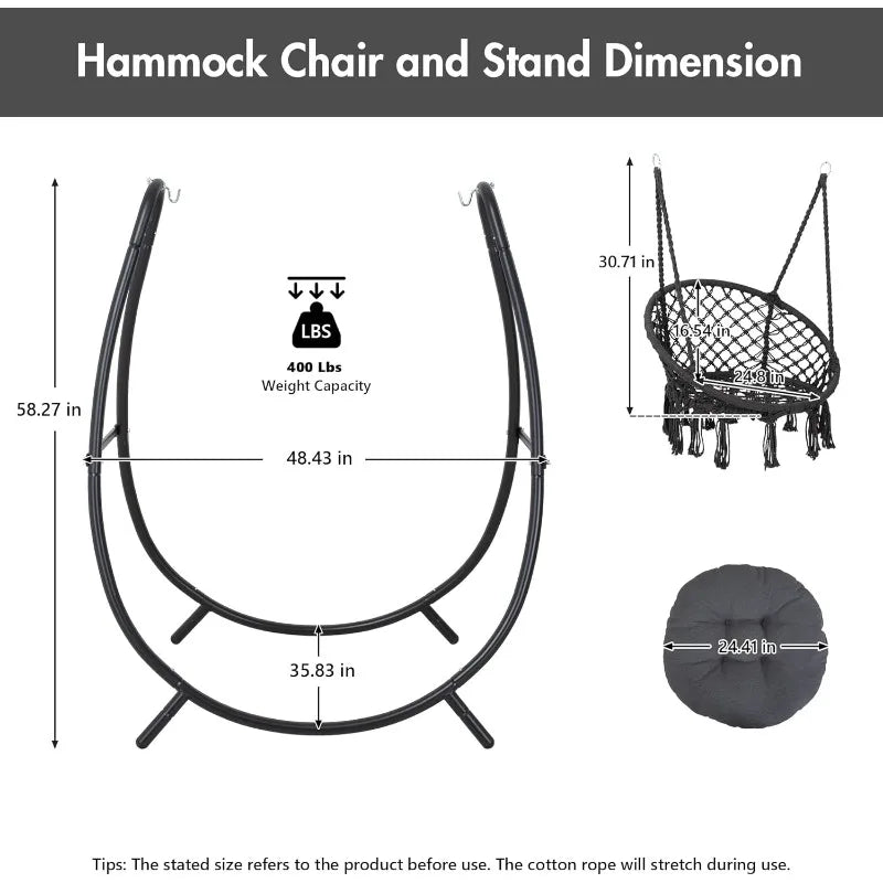 Hammock Swing with Stand Included, Outdoor Hanging Swing Chair with Stand and Removable Seat Cushion, Max 400 Lbs, Dark Gre