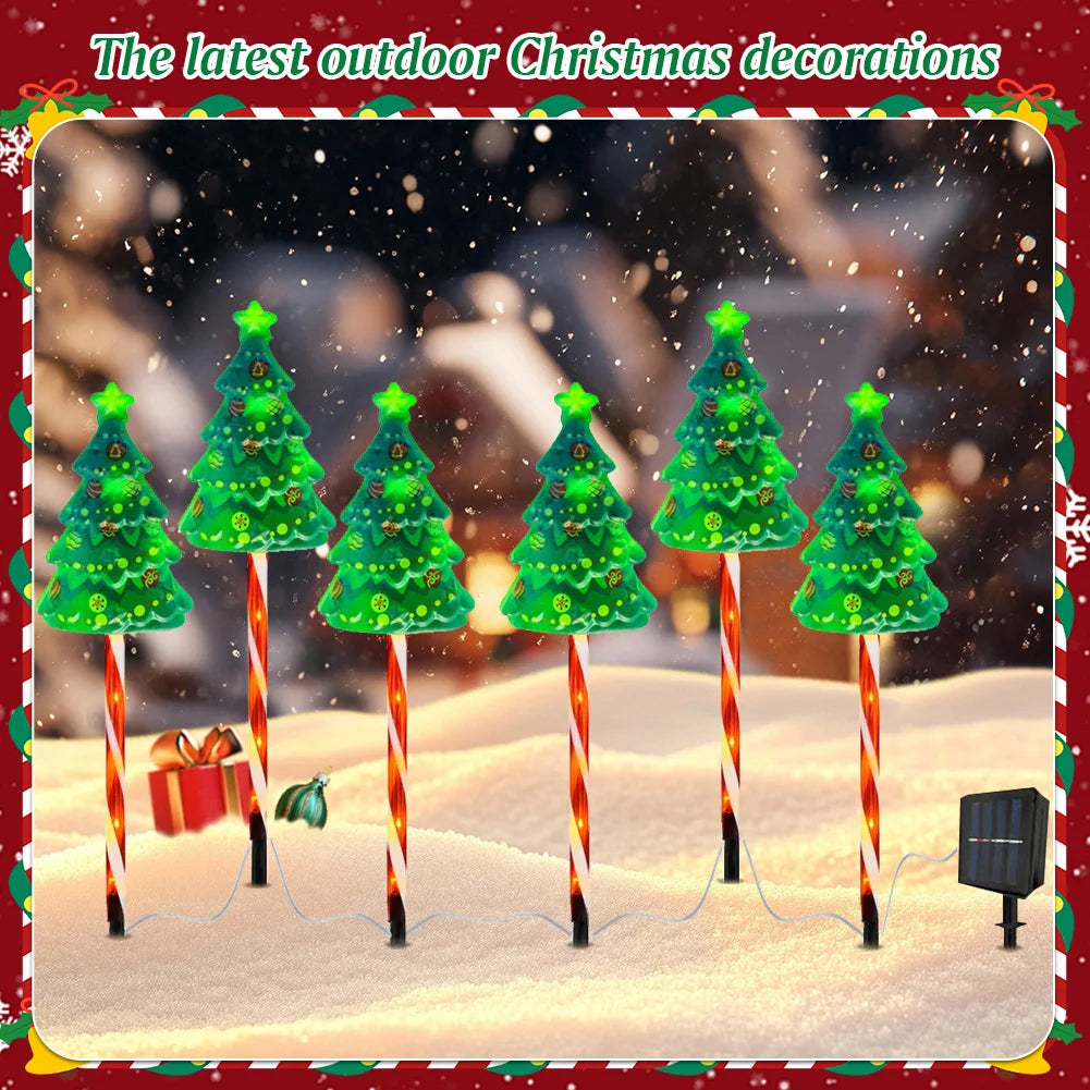 6 Pack Solar Xmas Tree Light 6 Modes LED Solar Powered String Lights USB Rechargeable Xmas Tree Candy Cane Light for Garden Lawn