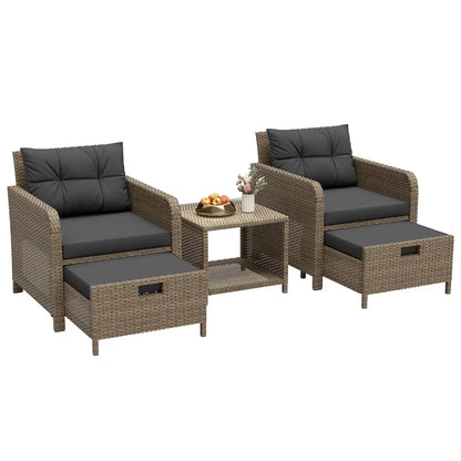 5 Piece PE Outdoor Furniture Set Soft Cushions Coffee Table Hidden Ottoman Porch Lawn Garden Balcony, Customized