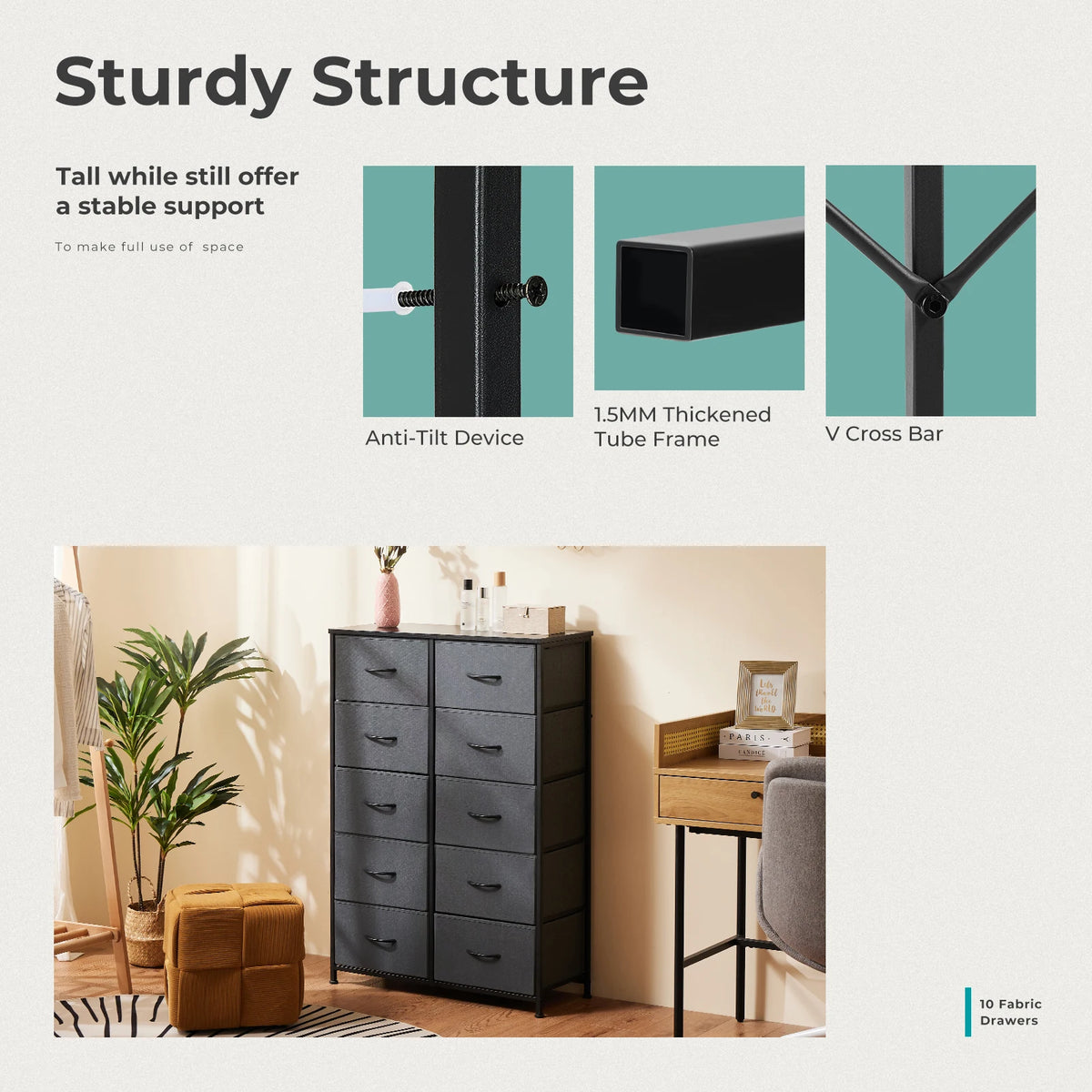 JHK 10 Drawer Fabric Nightstand Storage Cabinet With Steel Frame